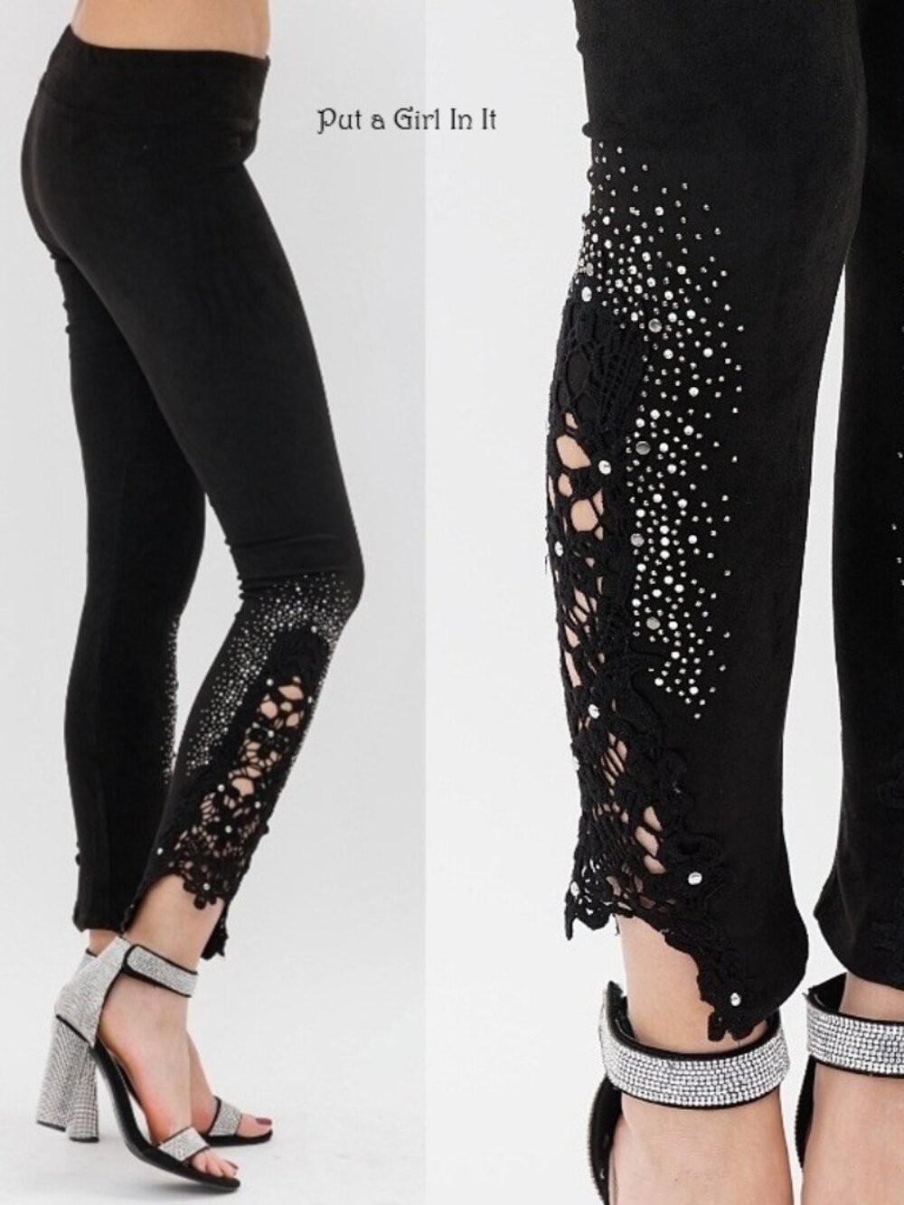 Vocal Apparel women's faux suede black crystal crochet lace leggings s m l xl